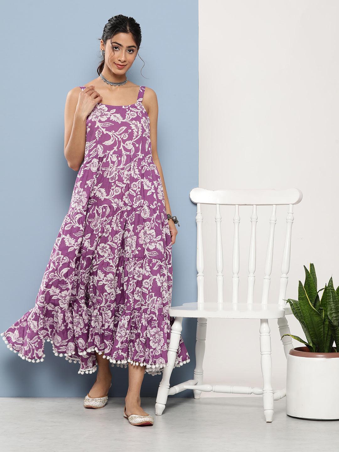Jamal Jamaloo Purple Floral Shoulder Strip Long Dress - Jamal Jamaloo