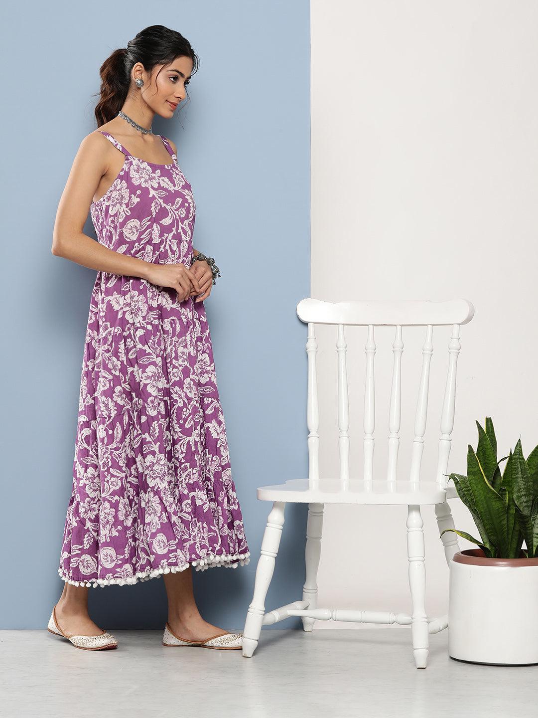 Jamal Jamaloo Purple Floral Shoulder Strip Long Dress - Jamal Jamaloo