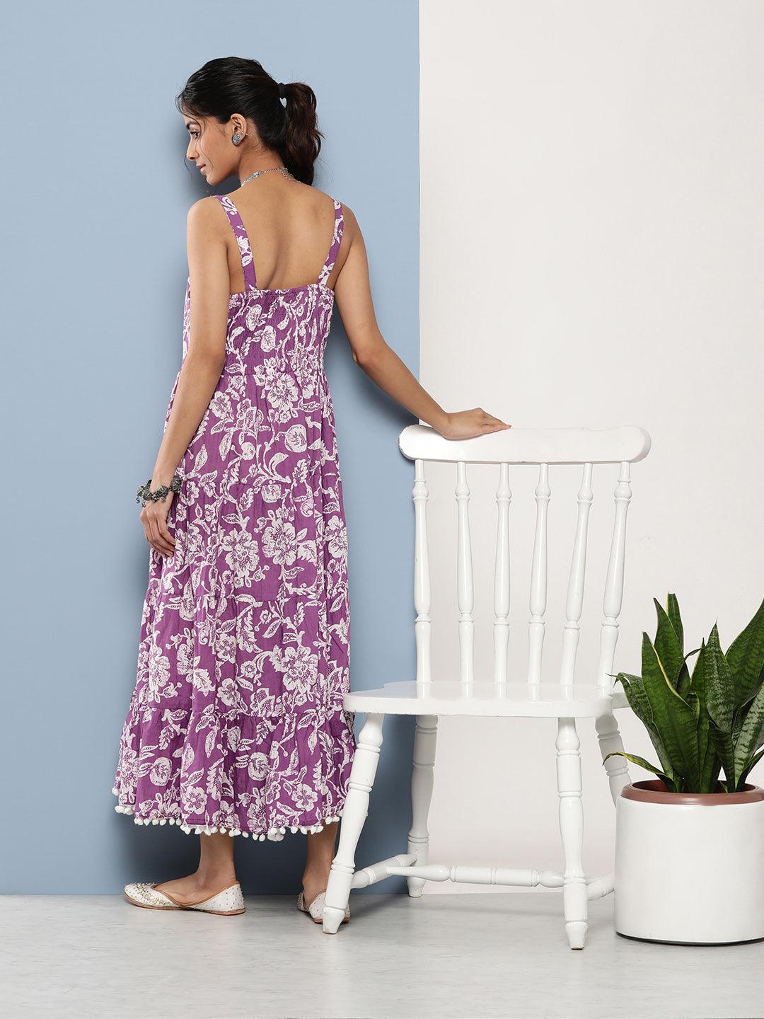 Jamal Jamaloo Purple Floral Shoulder Strip Long Dress - Jamal Jamaloo