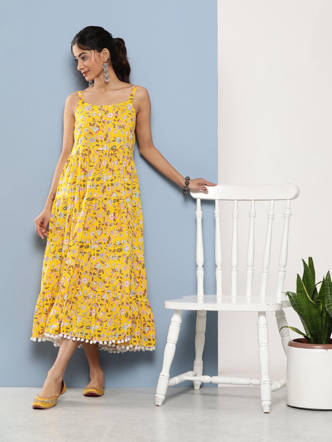 Jamal Jamaloo Yellow Floral Shoulder Strip Long Dress - Jamal Jamaloo