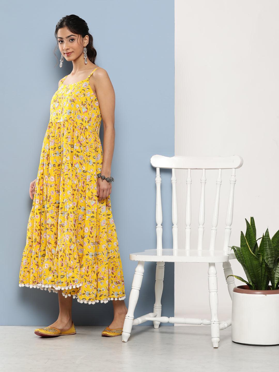 Jamal Jamaloo Yellow Floral Shoulder Strip Long Dress - Jamal Jamaloo