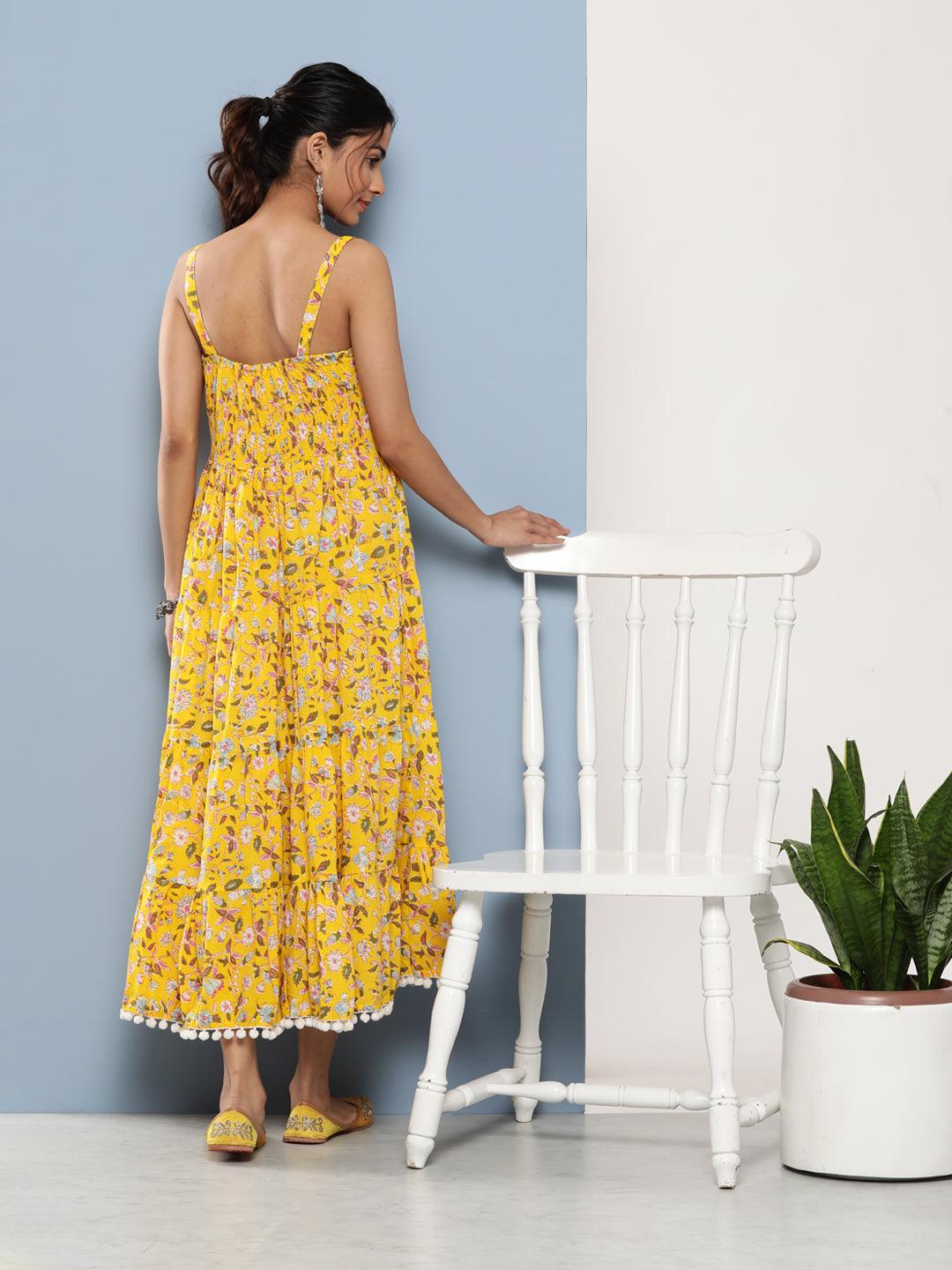 Jamal Jamaloo Yellow Floral Shoulder Strip Long Dress - Jamal Jamaloo