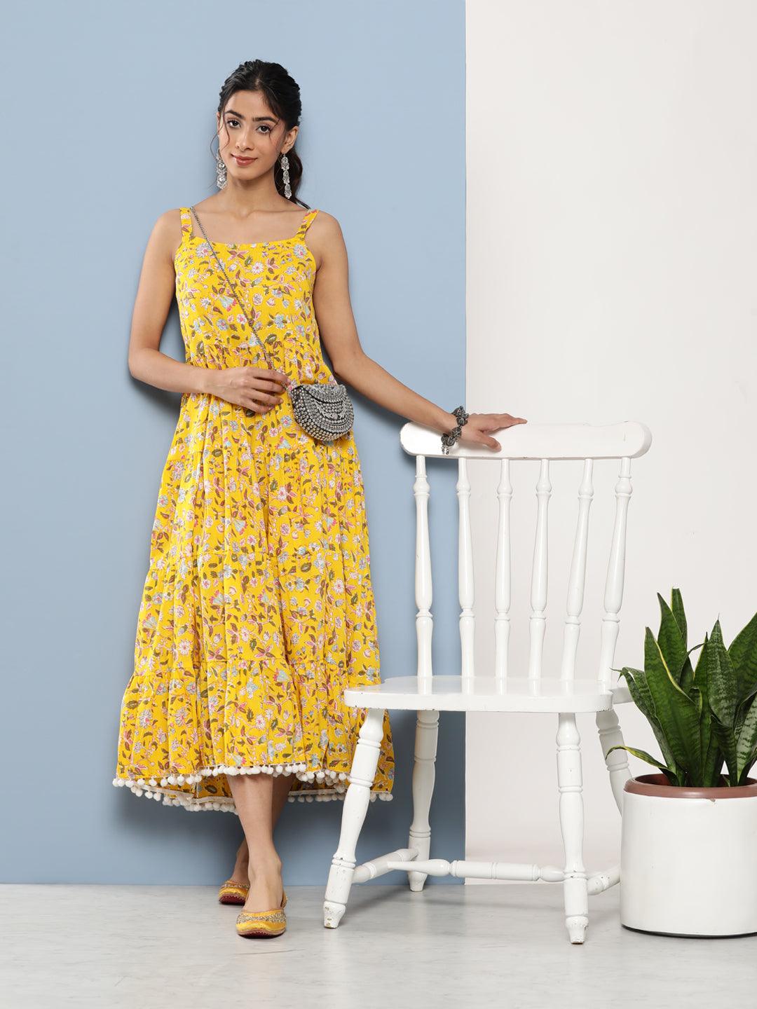 Jamal Jamaloo Yellow Floral Shoulder Strip Long Dress - Jamal Jamaloo