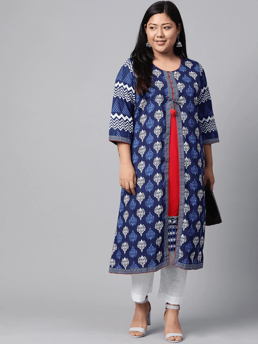 Plus Size Blue Cotton & Rayon A-line Kurti - Jamal Jamaloo