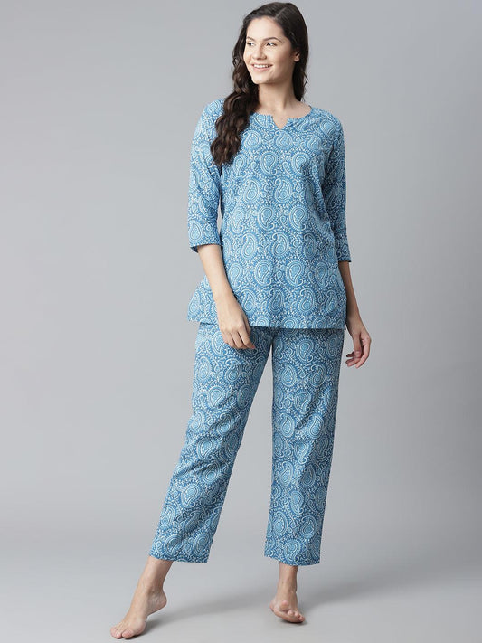 Jamal Jamaloo Blue Printed Cotton Nightwear - Jamal Jamaloo