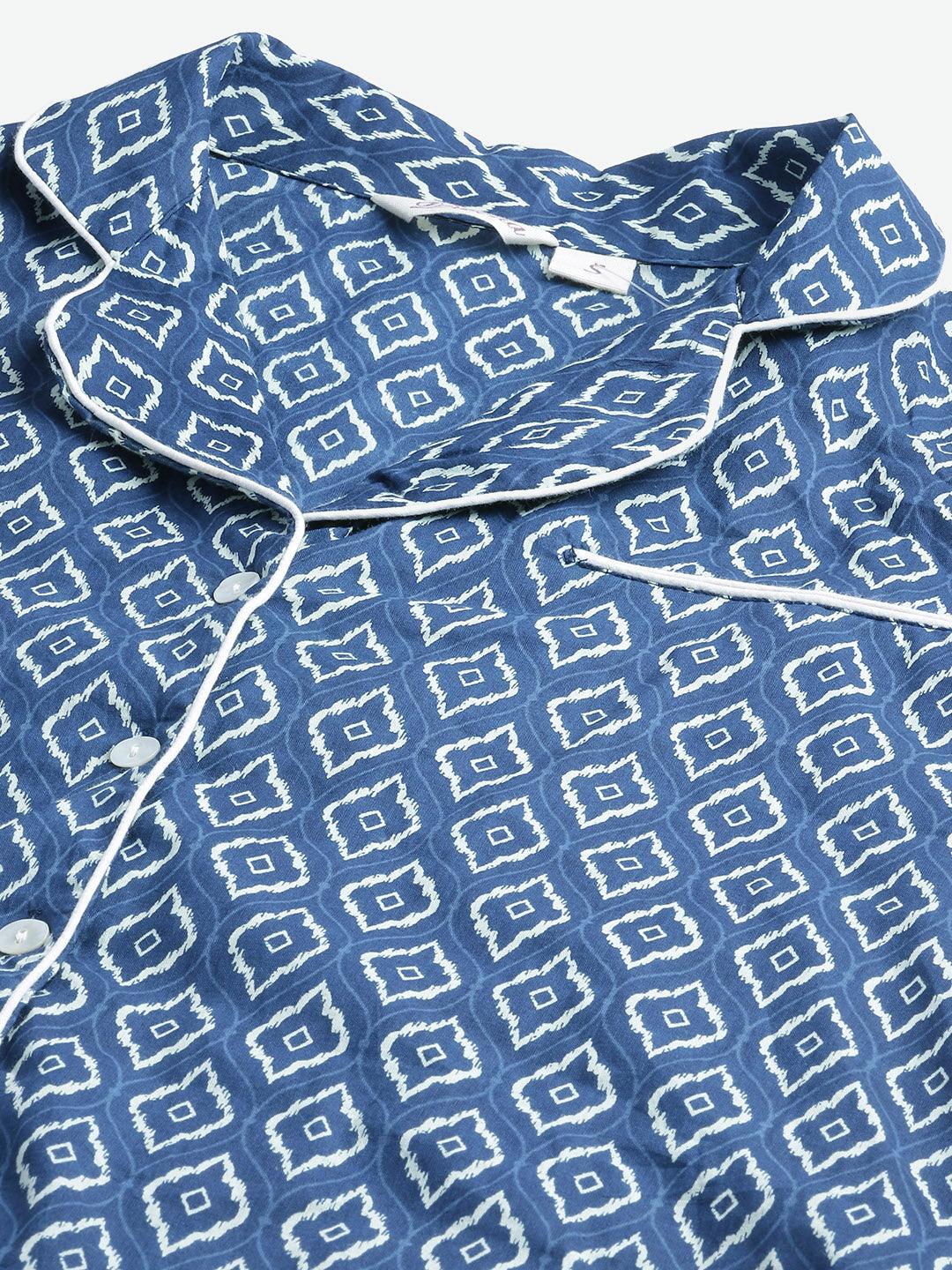Jamal Jamaloo Indigo Printed Cotton Nightsuit - Jamal Jamaloo
