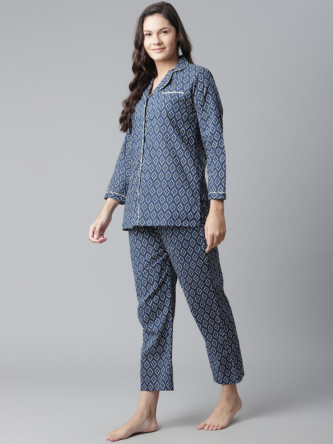 Jamal Jamaloo Indigo Printed Cotton Nightsuit - Jamal Jamaloo