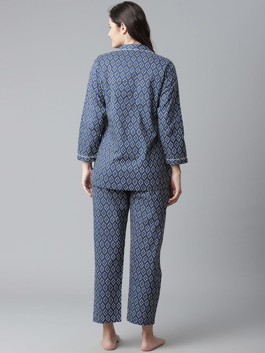 Jamal Jamaloo Indigo Printed Cotton Nightsuit - Jamal Jamaloo