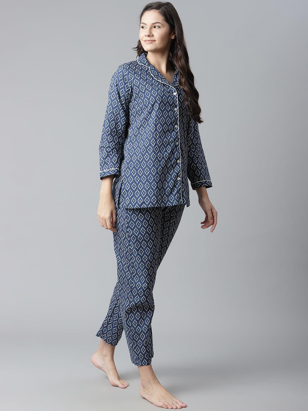 Jamal Jamaloo Indigo Printed Cotton Nightsuit - Jamal Jamaloo