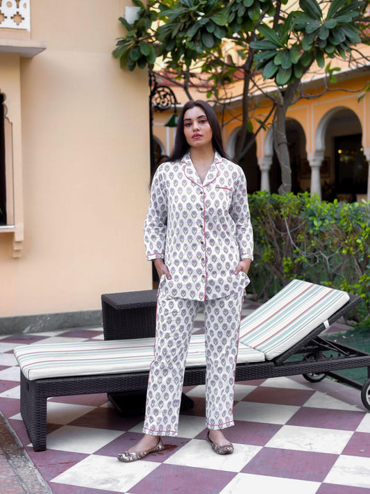 Jamal Jamaloo White Printed Cotton Night Suit - Jamal Jamalooworld.com