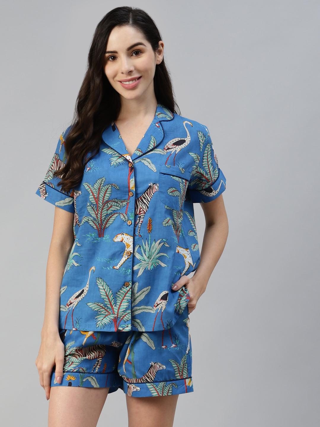 Jamal Jamaloo Teal blue Cotton Animal Print Night suit - Jamal Jamaloo