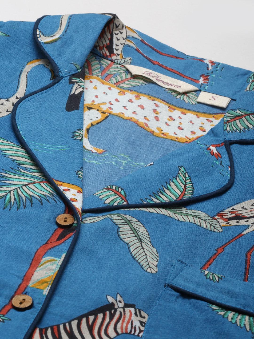 Jamal Jamaloo Teal blue Cotton Animal Print Night suit - Jamal Jamaloo