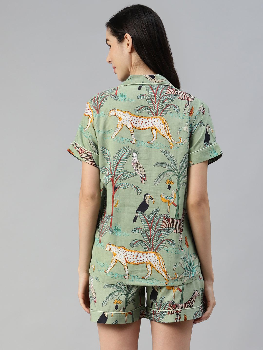 Jamal Jamaloo Sea Green Cotton Animal Print Night Suit - Jamal Jamaloo