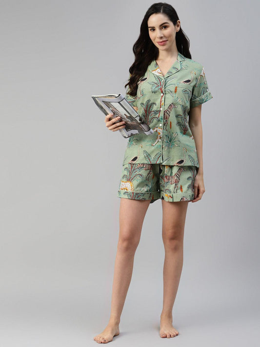 Jamal Jamaloo Sea Green Cotton Animal Print Night Suit - Jamal Jamaloo