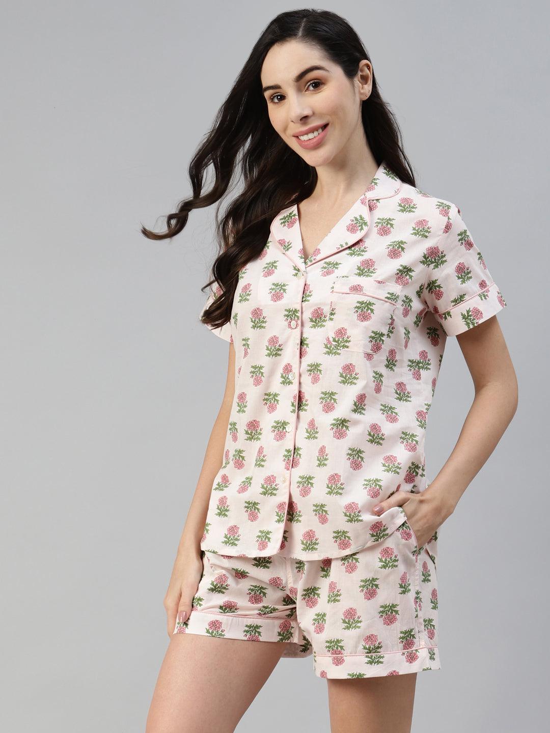 Jamal Jamaloo Baby pink Cotton Floral Print Night Suit - Jamal Jamaloo