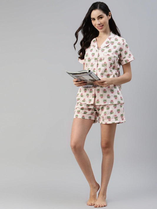 Jamal Jamaloo Baby pink Cotton Floral Print Night Suit - Jamal Jamaloo