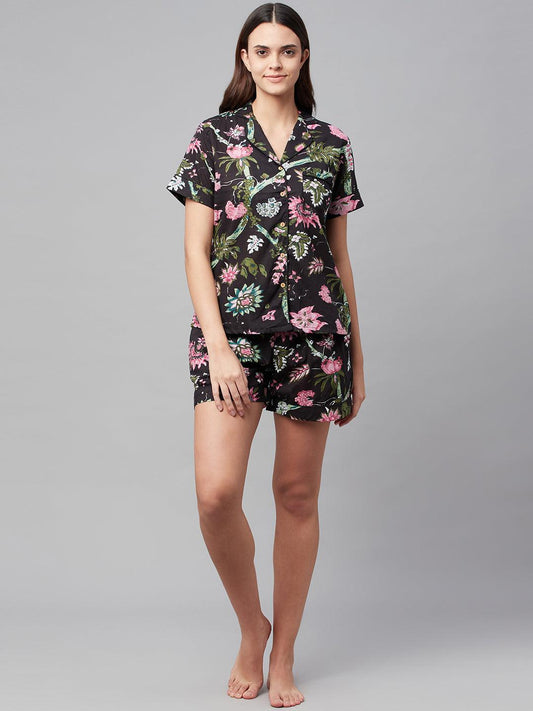 Jamal Jamaloo Black Cotton Floral Print Night Suit - Jamal Jamaloo