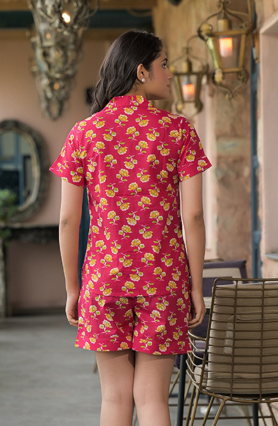 Red Floral Cotton Shirt With Shorts Nightsuit