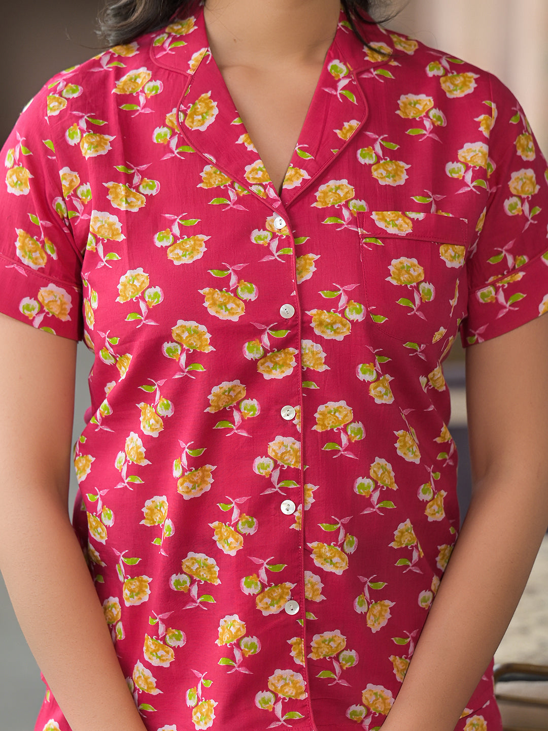Red Floral Cotton Shirt With Shorts Nightsuit