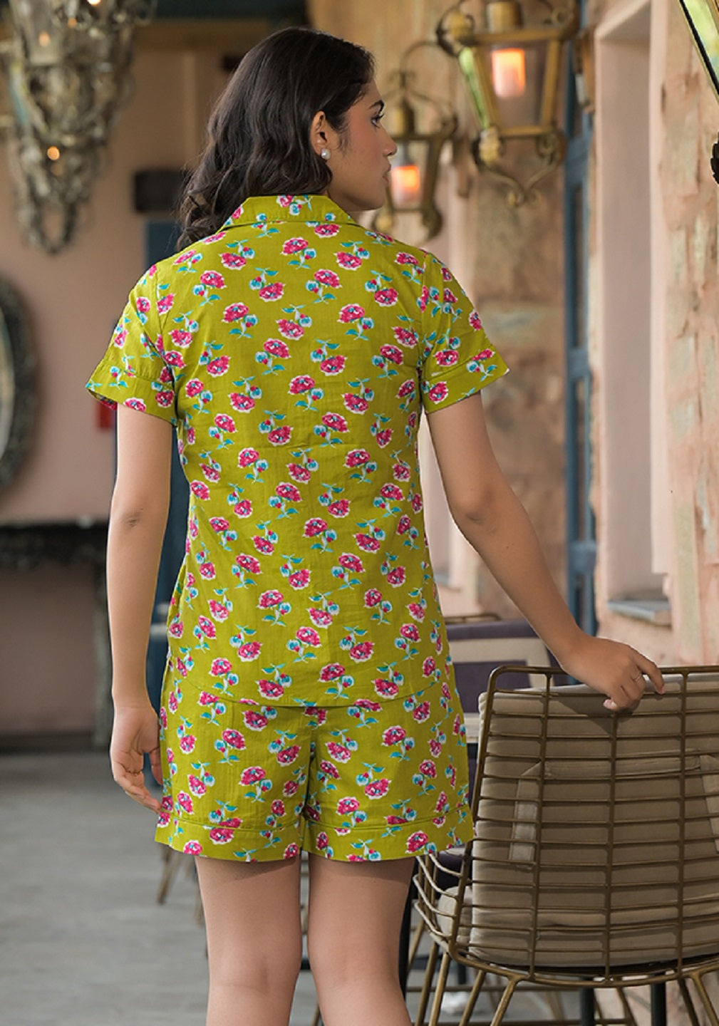 Green Floral Cotton Shirt With Shorts Nightsuit