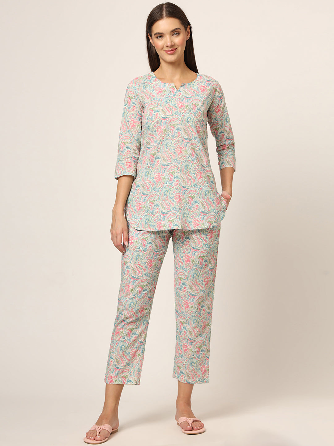 Blue Multi Floral Print Cotton Regular Fit Night Suit
