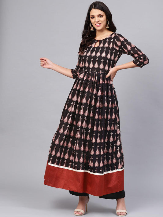 Jamal Jamaloo Black Printed Cotton Floor Length Anarkali Kurta - Jamal Jamaloo