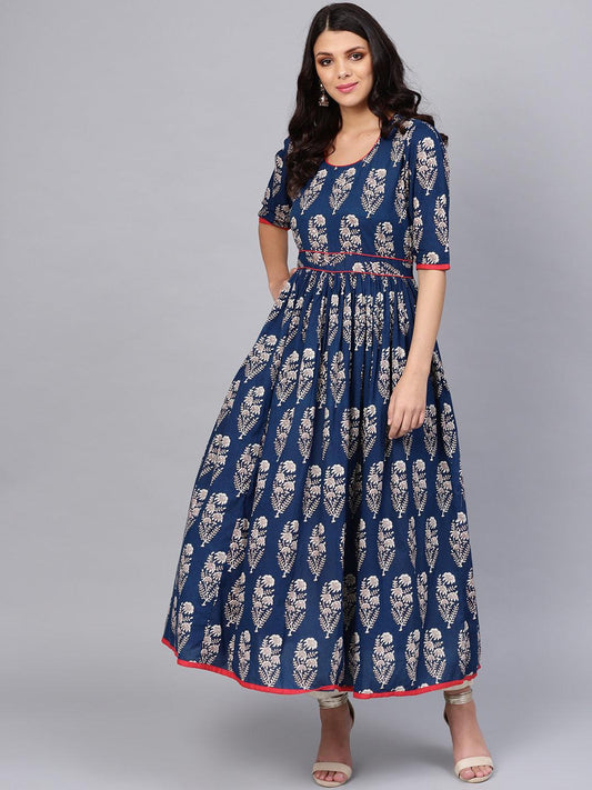Jamal Jamaloo Royal Blue Printed Floor Length Anarkali - Jamal Jamaloo