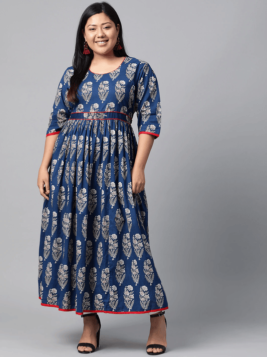 Plus Size Royal Blue Printed Floor Length Anarkali - Jamal Jamaloo