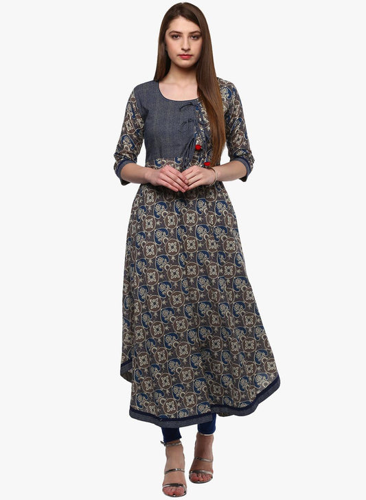 Jamal Jamaloo Blue And Grey Cotton Anarkali - Jamal Jamaloo