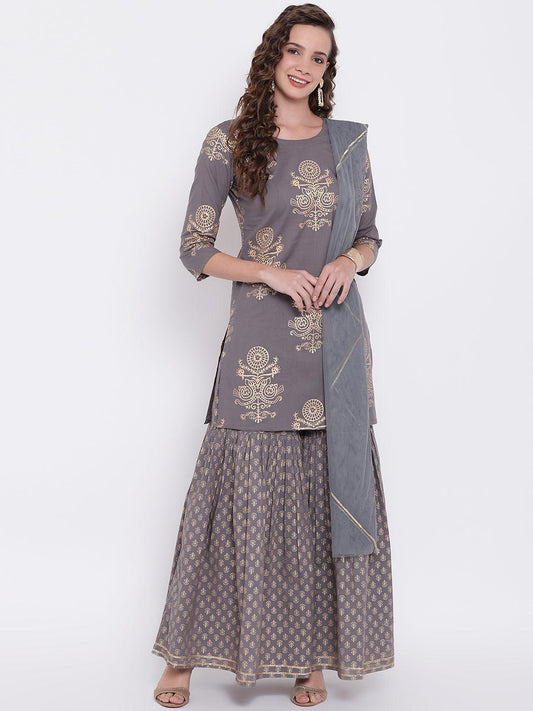 Jamal Jamaloo Grey Foil Print Cotton Sharara Set with Net Dupatta - Jamal Jamaloo