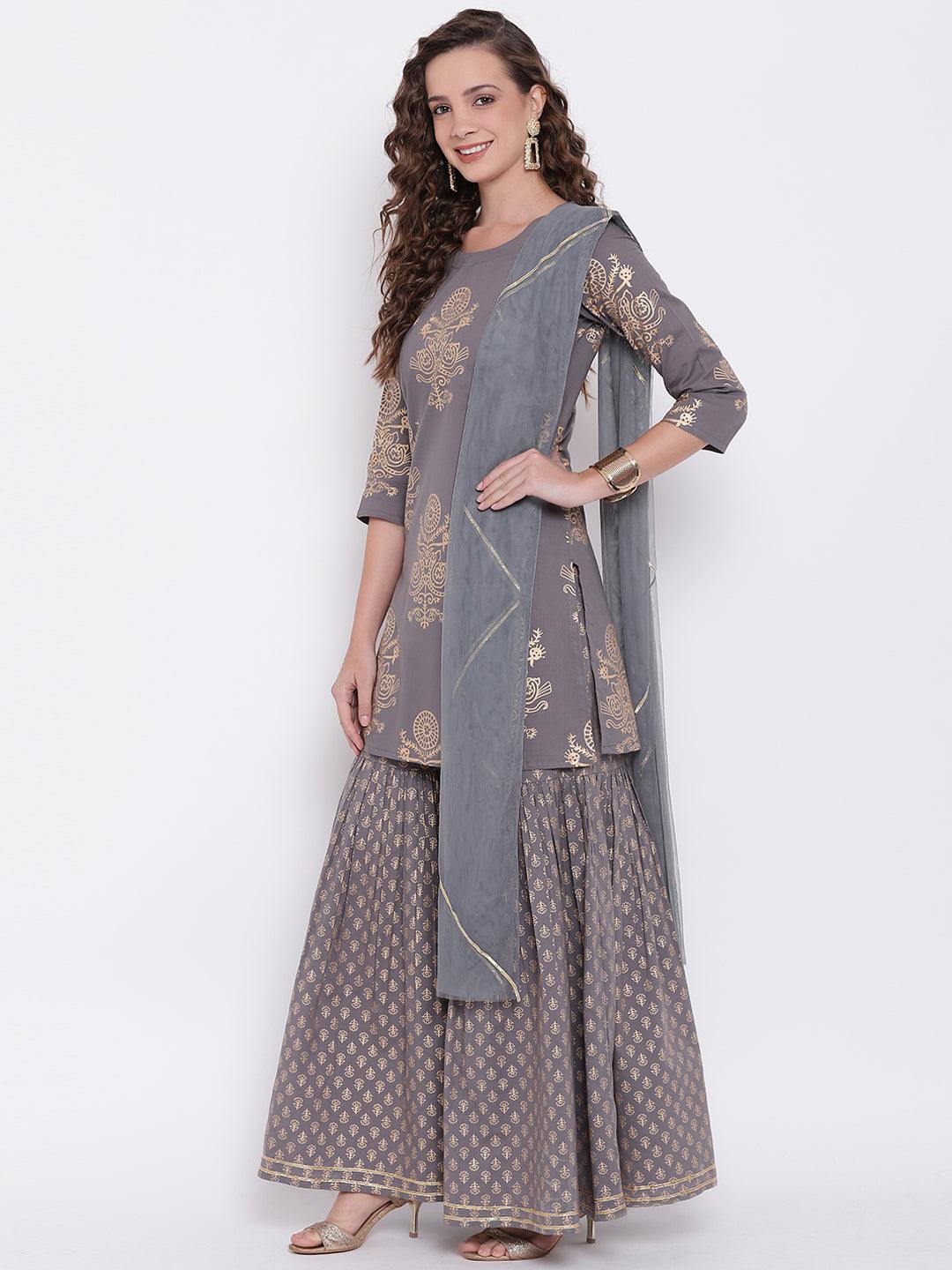 Jamal Jamaloo Grey Foil Print Cotton Sharara Set with Net Dupatta - Jamal Jamaloo