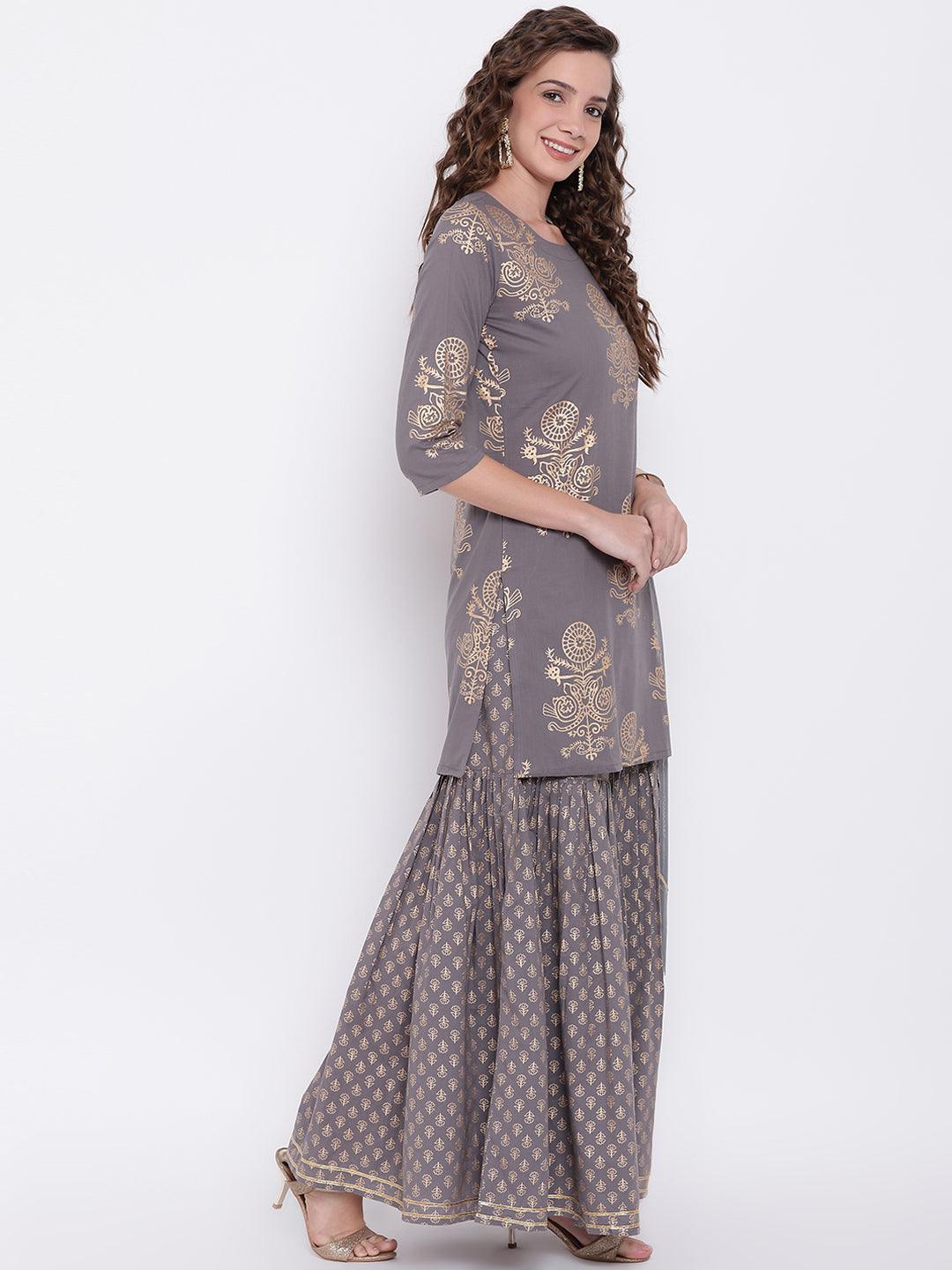 Jamal Jamaloo Grey Foil Print Cotton Sharara Set with Net Dupatta - Jamal Jamaloo