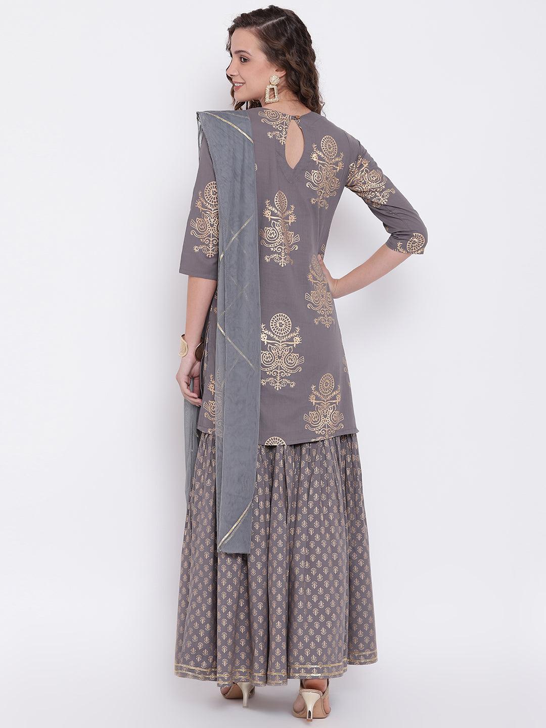 Jamal Jamaloo Grey Foil Print Cotton Sharara Set with Net Dupatta - Jamal Jamaloo