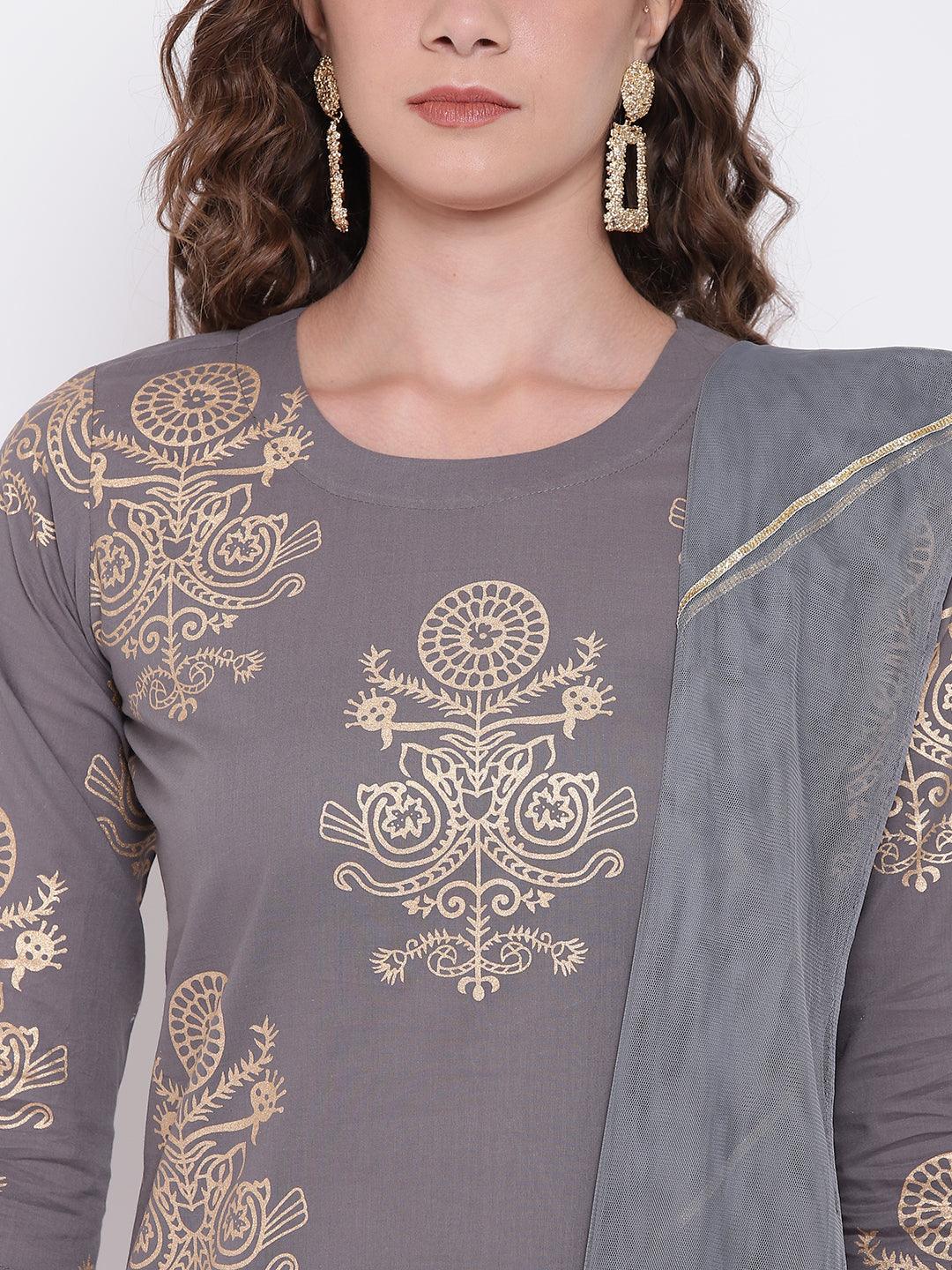 Jamal Jamaloo Grey Foil Print Cotton Sharara Set with Net Dupatta - Jamal Jamaloo
