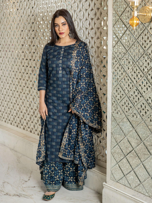 Jamal Jamaloo Indigo Kurta Set With Palazzo and Dupatta - Jamal Jamalooworld.com