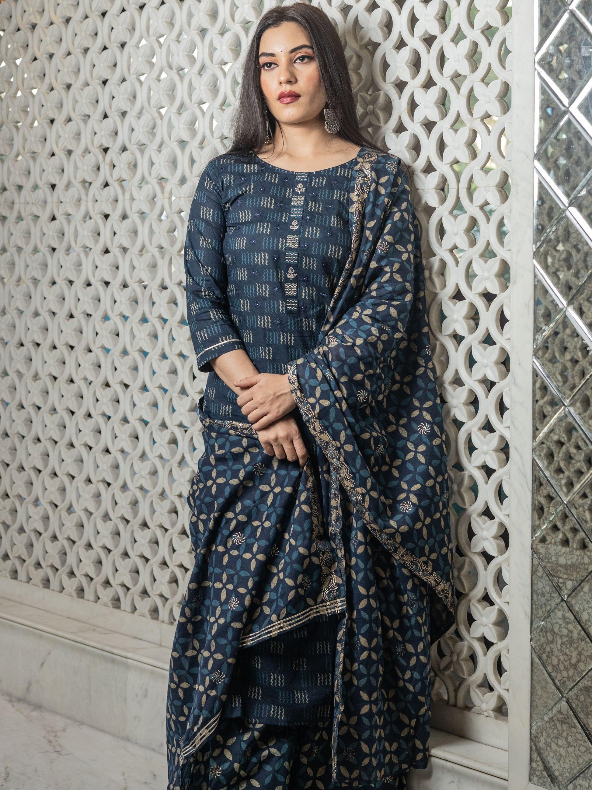 Jamal Jamaloo Indigo Kurta Set With Palazzo and Dupatta - Jamal Jamalooworld.com