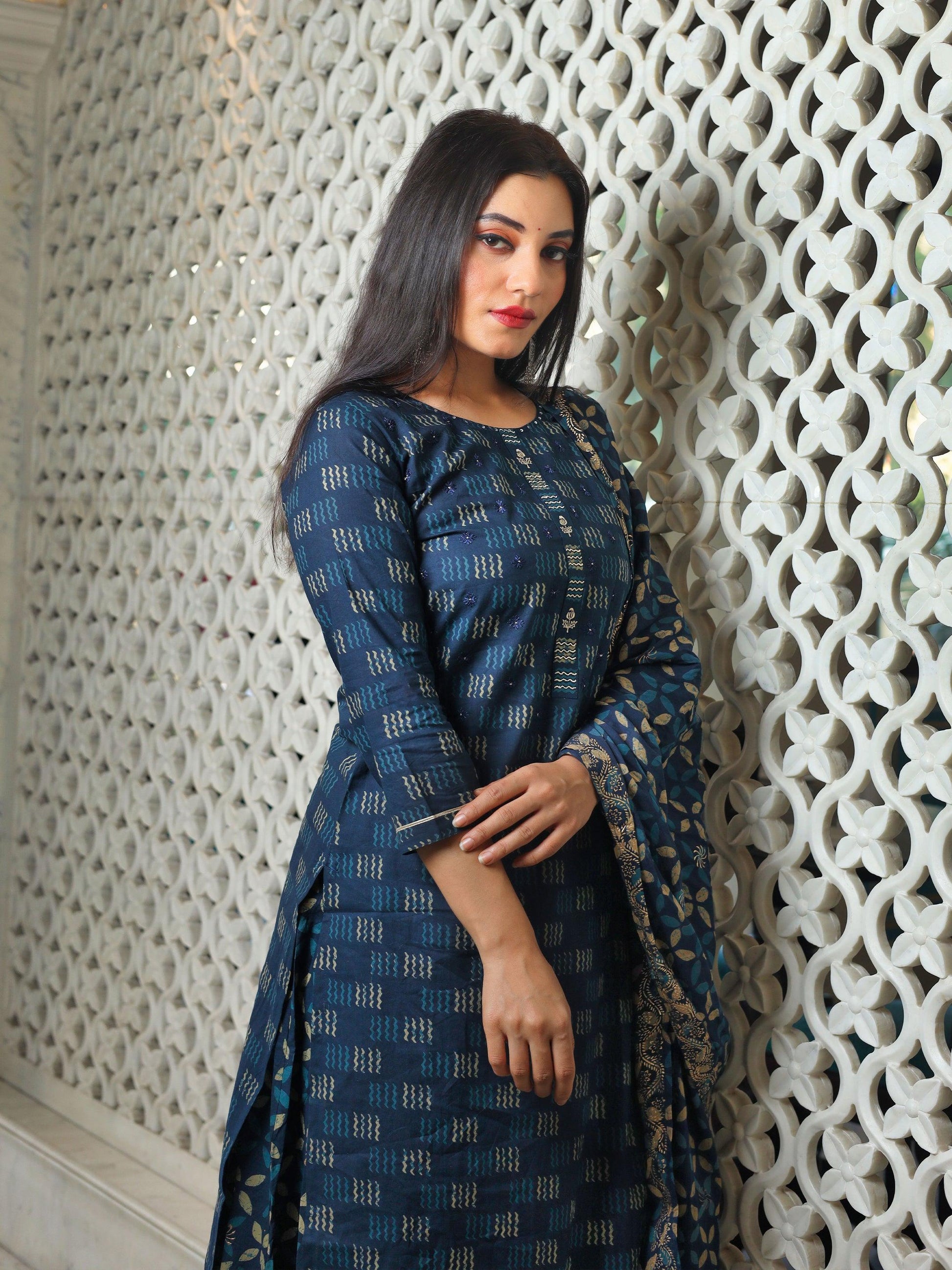 Jamal Jamaloo Indigo Kurta Set With Palazzo and Dupatta - Jamal Jamalooworld.com