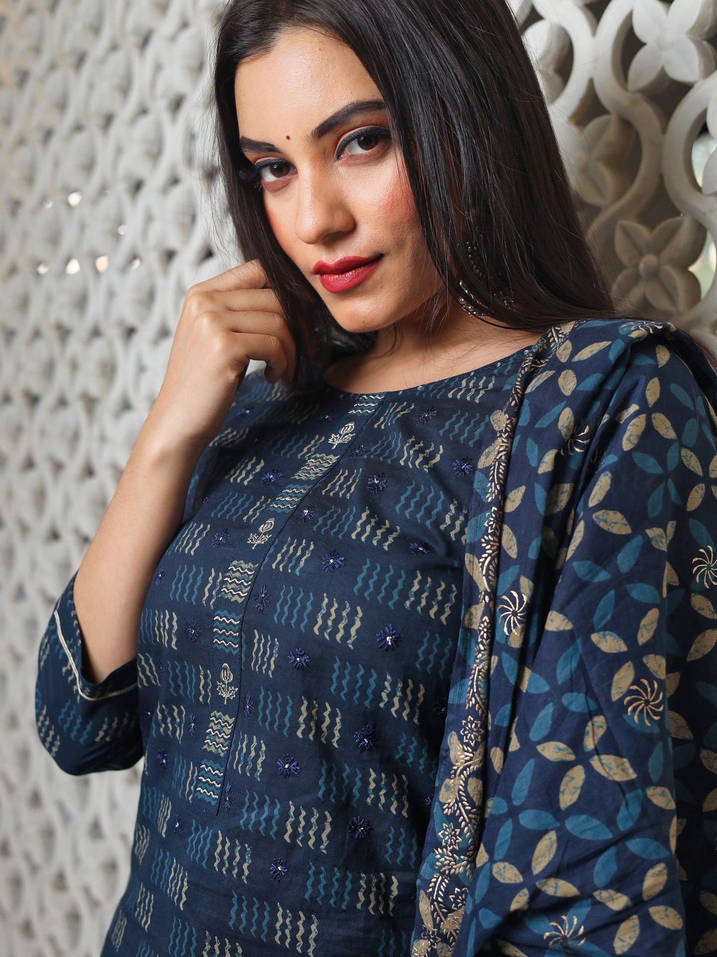 Jamal Jamaloo Indigo Kurta Set With Palazzo and Dupatta - Jamal Jamalooworld.com