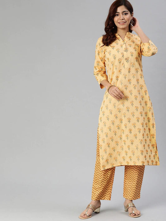 Jamal Jamaloo Yellow Flower Print Cotton Kurta Set - Jamal Jamaloo