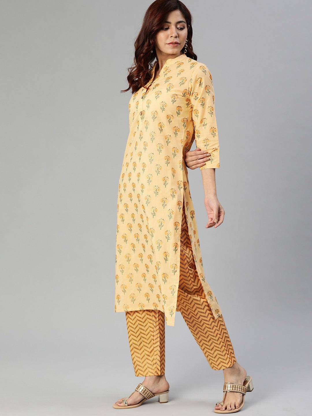 Jamal Jamaloo Yellow Flower Print Cotton Kurta Set - Jamal Jamaloo