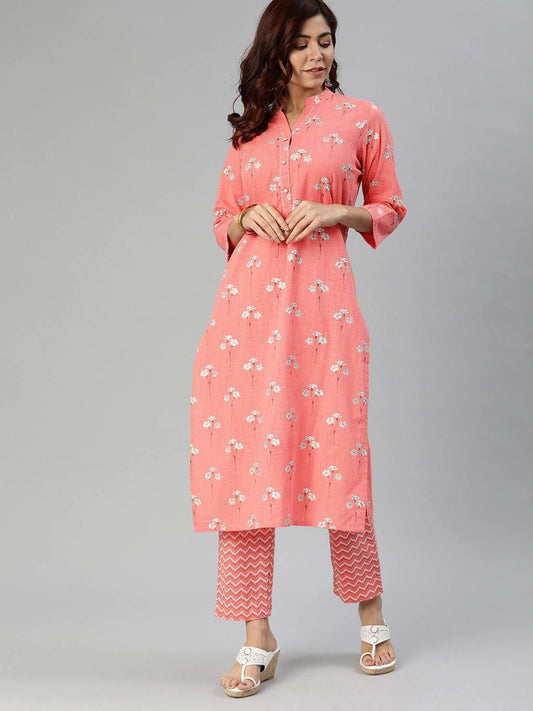 Jamal Jamaloo Pink Flower Print Cotton Kurta Set - Jamal Jamaloo