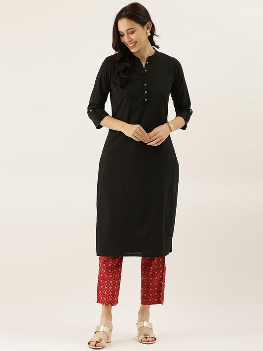 Jamal Jamaloo Black Solid Straight Roll up Kurti - Jamal Jamaloo
