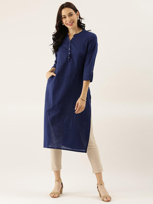 Jamal Jamaloo Blue Solid Straight Roll up Sleeve Kurti - Jamal Jamaloo