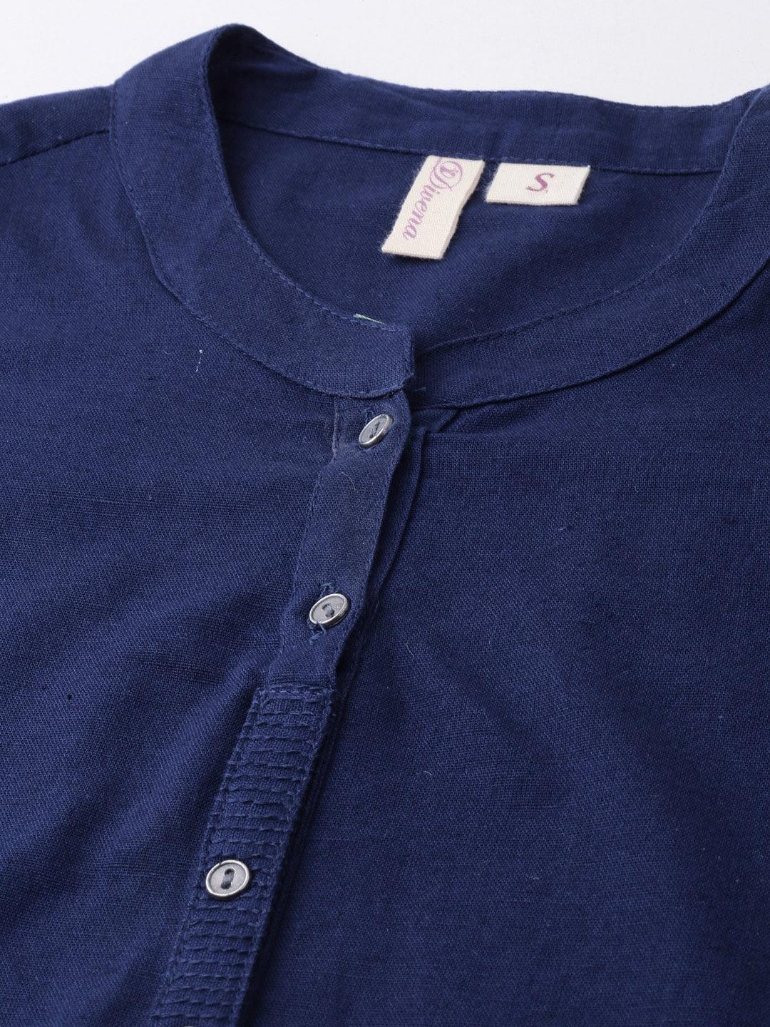 Jamal Jamaloo Blue Solid Straight Roll up Sleeve Kurti - Jamal Jamaloo