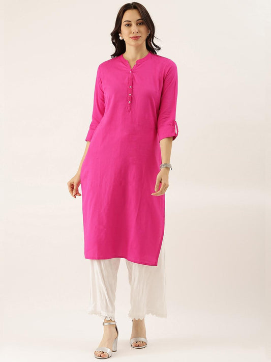 Jamal Jamaloo Pink Solid Straight Roll up Sleeve Kurti - Jamal Jamaloo