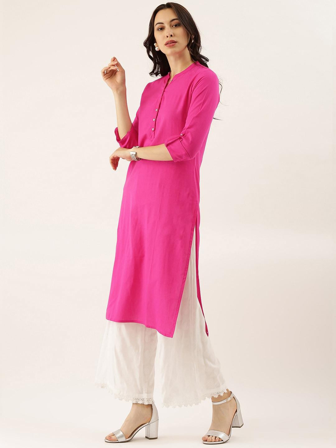 Jamal Jamaloo Pink Solid Straight Roll up Sleeve Kurti - Jamal Jamaloo