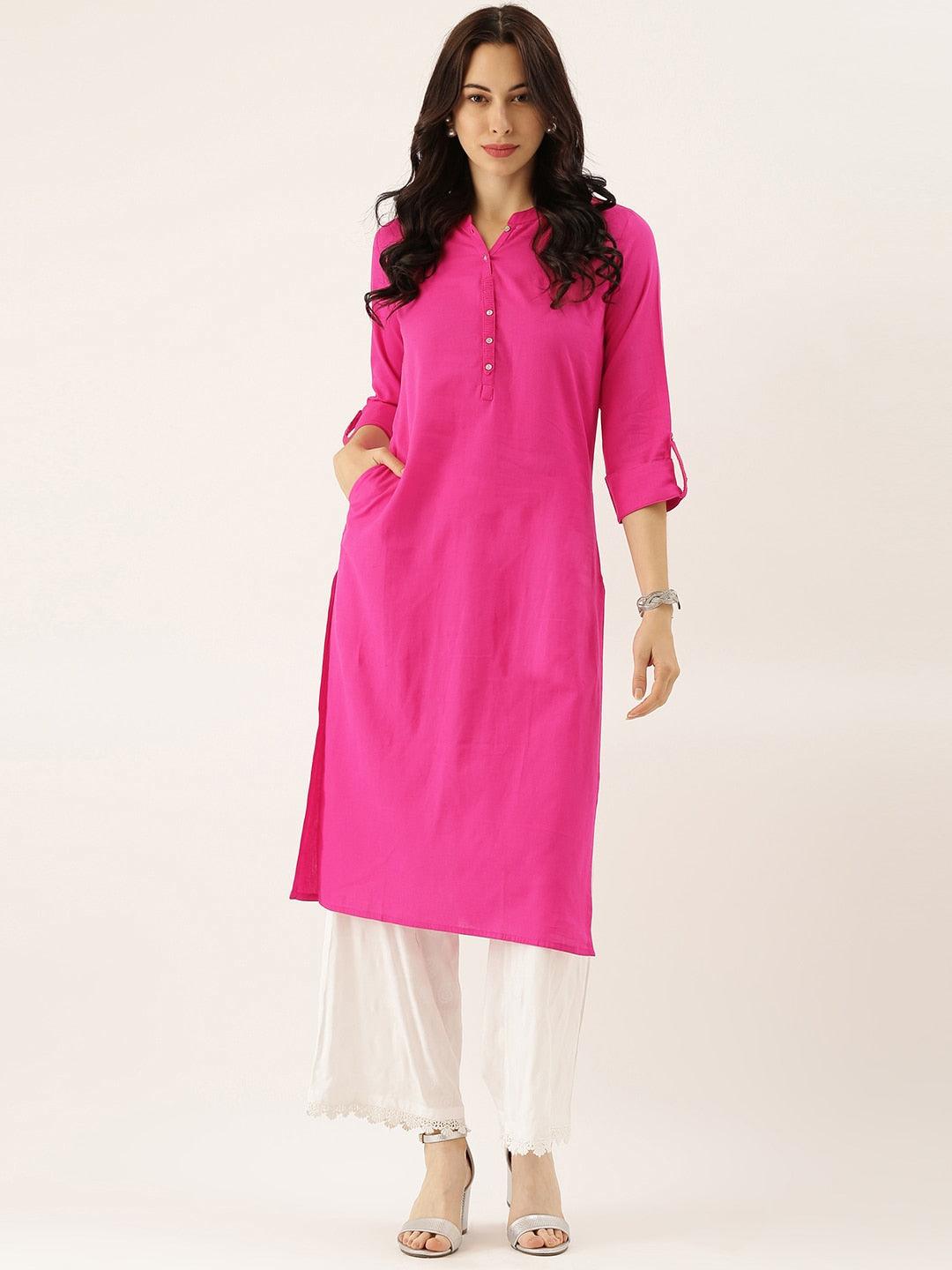 Jamal Jamaloo Pink Solid Straight Roll up Sleeve Kurti - Jamal Jamaloo