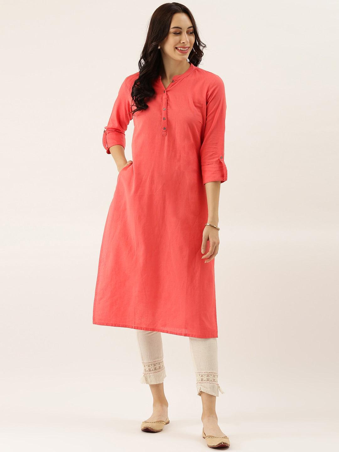 Jamal Jamaloo Peach Solid Straight Roll up Sleeve Kurti - Jamal Jamaloo