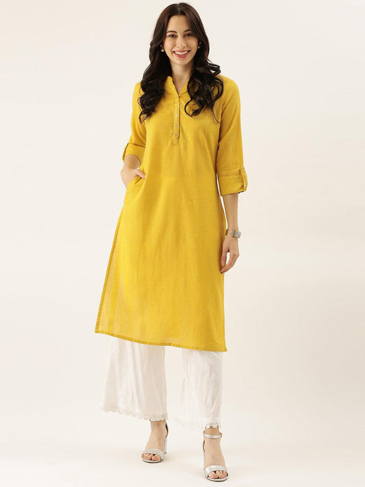Jamal Jamaloo Yellow Solid Straight Roll up Sleeve Kurti - Jamal Jamaloo
