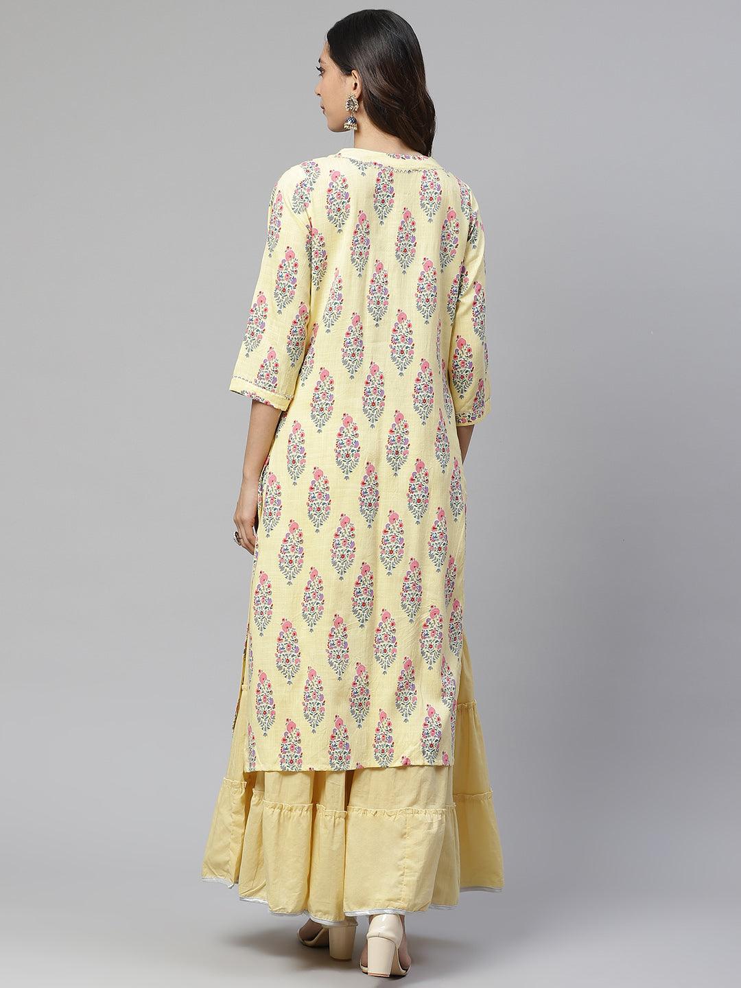 Jamal Jamaloo Yellow Rayon Printed Kurti Sharara Set - Jamal Jamaloo